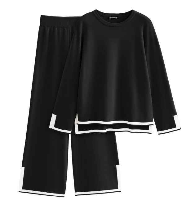 Women's 2 Piece Knit Sweater Set Casual Long Sleeve Pullover Wide Leg Pants Sweatsuit Tracksuit Outfit