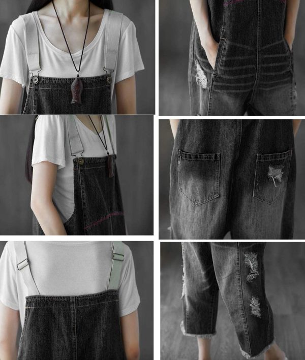 Women Casual Loose Cropped Denim Jumpsuits Rompers Jeans Overalls Distressed Ripped Fringed/Pockets P49