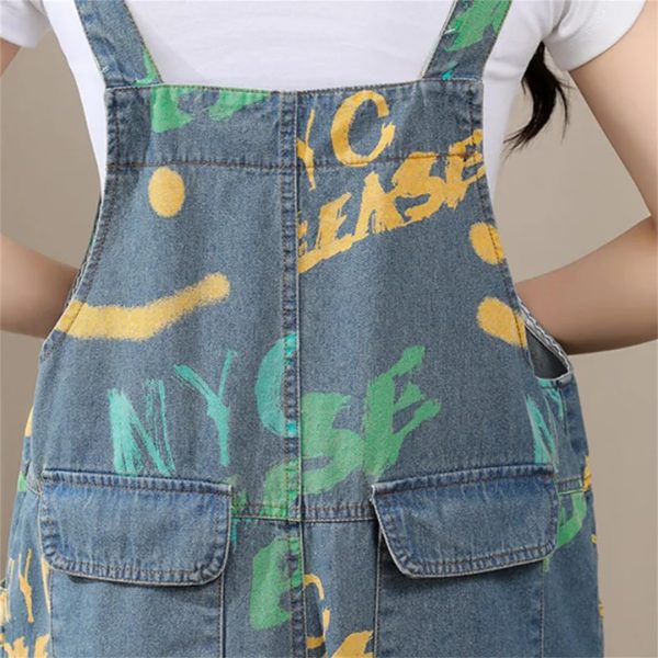 Women Printed Denim Overalls Sleeveless Wide Leg Denim Jumpsuits Loose Vintage Jumpsuits