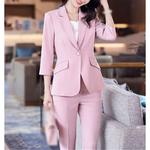 Women's Office Suit Fashion Suit Jacket Simple Solid Color Spring and Summer Half-Sleeved Top + Trousers 2-Piece Set