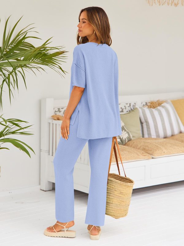 Lounge Sets for Women 2 Piece Casual Outfits Matching Sets Short Sleeve Cozy knit Tops and Elastic Waisted Pants