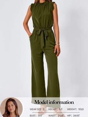 Jumpsuits For Women Dressy Summer One Piece Sleeveless Ruffle Mock Neck Belt Pockets Formal Wide Leg Pants Romper