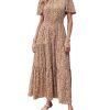 Women's Summer Casual Short Flutter Sleeve Round Neck Smocked Waist Tiered Boho Floral Flowy Maxi Dress