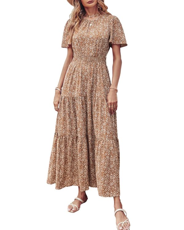 Women's Summer Casual Short Flutter Sleeve Round Neck Smocked Waist Tiered Boho Floral Flowy Maxi Dress
