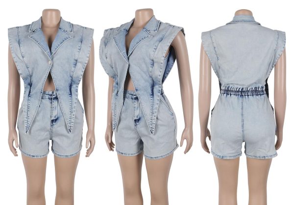Womens Denim Romper Y2k Sleeveless V Neck Lapel Blazers Vest Work Business Short Jeans Jumpsuits