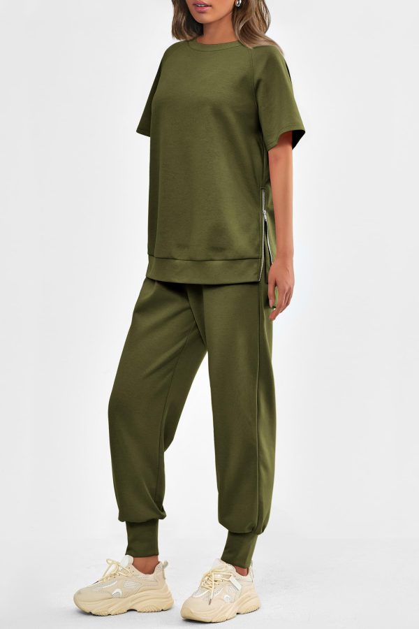 Women's Summer 2 Piece Outfit Tracksuits Casual Short Sleeve Tops High Waisted Sweatpants Set