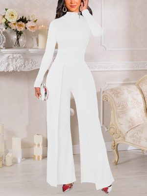 Women's Casual Long Sleeve Round Neck Jumpsuits Work Wide Leg Pants Club Party Loose Rompers