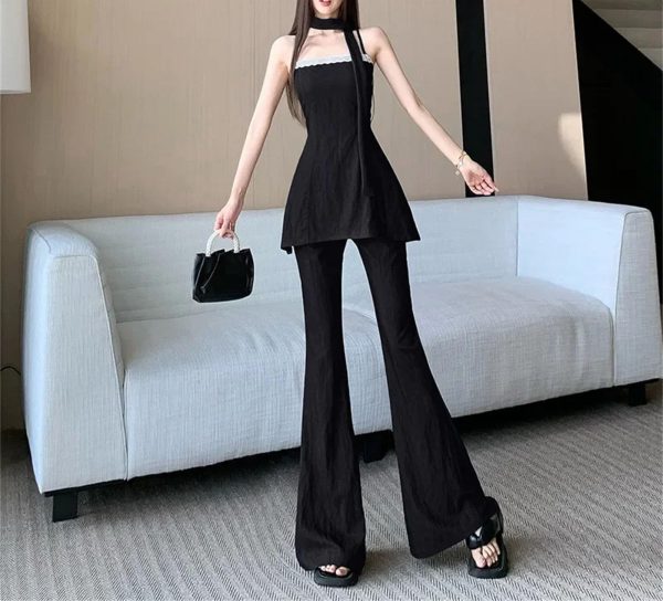 Women's Lace Trim Set - V-Neck Halter Top & Draped Pants