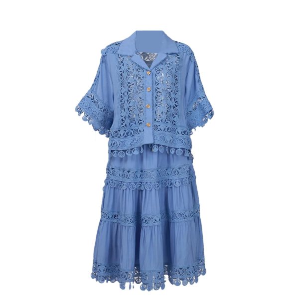 Women’S Embroidered Lace Jacket with Pleated Skirt Set Summer Holiday Wear Hollow Out Design Two Piece Outfit