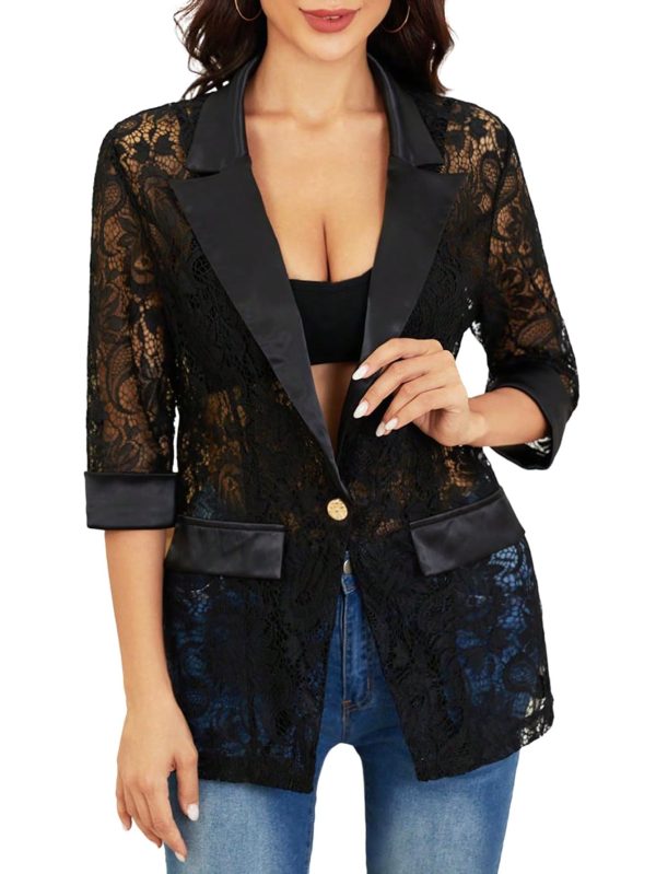 Women's Floral Lace Mesh One Button Lapel Neck Long Sleeve Elegant Jacket Blazer