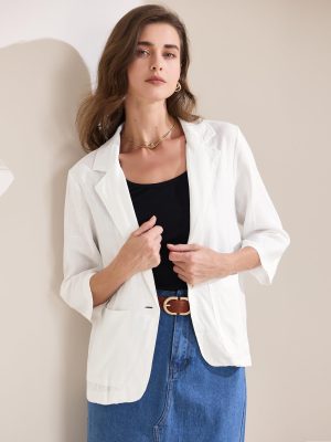 71ypgtRWgiL.jpg Women's Linen Blazer 2025 Summer Lightweight 3/4 Sleeves Casual Office Work One Button Notched Lapel Suit Jacket