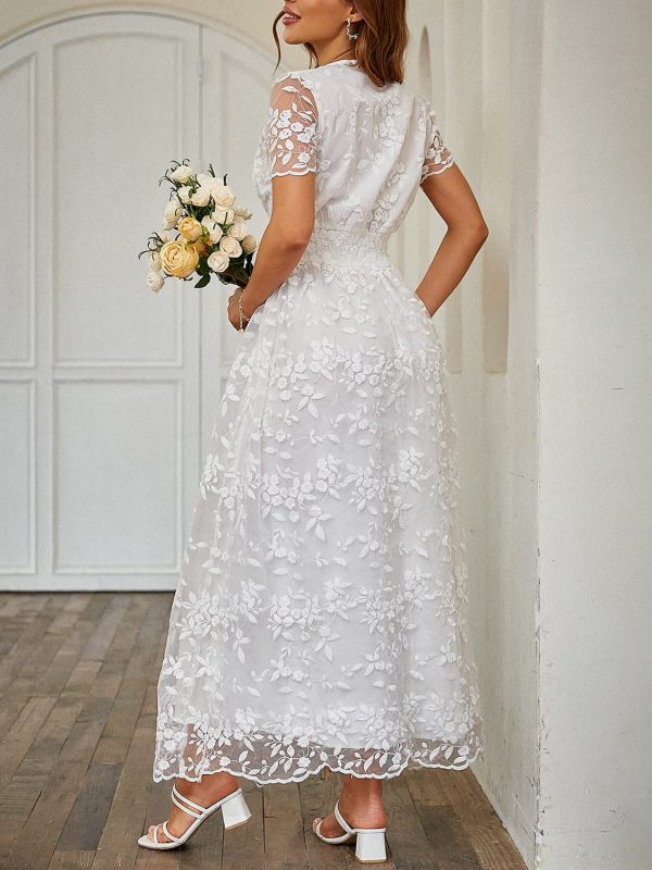 Women's V-Neck Lace Floral Long Dress Embroidery Cocktail Wedding Guest Boho Maxi Dress
