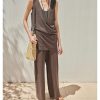 Women's Linen Lounge Set - Coffee Vest & Wide Leg Pants Summer Cooling Athletic Wear