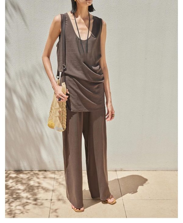 Women's Linen Lounge Set - Coffee Vest & Wide Leg Pants Summer Cooling Athletic Wear