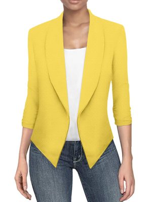 Lightweight Open Front Cardigan Classic Ruched Sleeve Work Office Blazer Suit Jackets