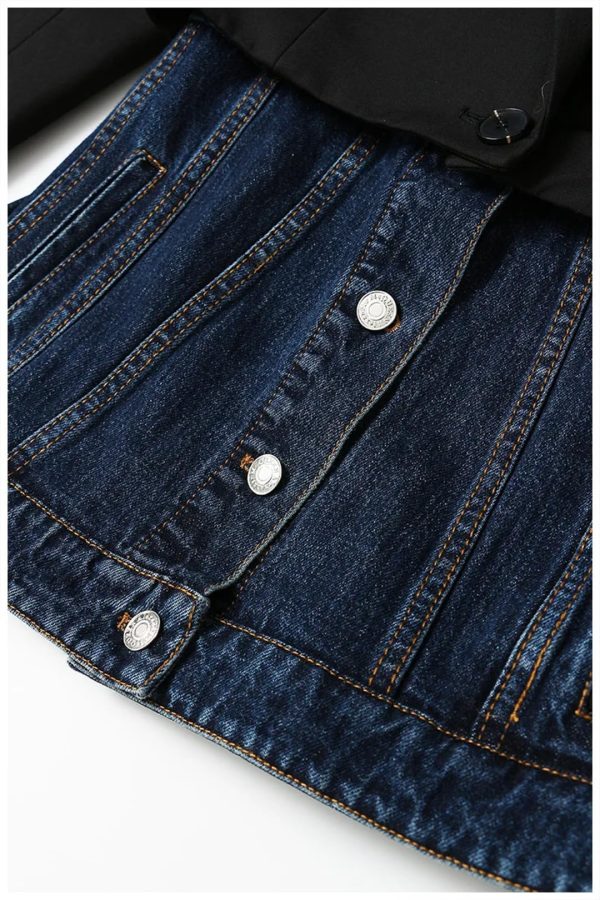 Women Blazer Denim Patchwork Fake Two Blazers And Jackets Color Matching Asymmetry Suit Coats