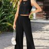 Women's Summer 2 Piece Outfits Set Round neck Sleeveless Tank Crop Top Wide Leg pants Set Pockets Jumpsuits