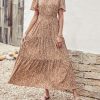 Women's Summer Casual Short Flutter Sleeve Round Neck Smocked Waist Tiered Boho Floral Flowy Maxi Dress