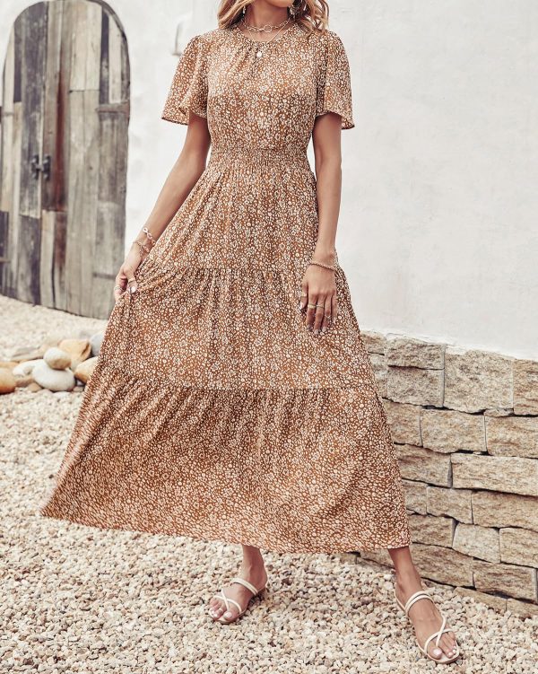 Women's Summer Casual Short Flutter Sleeve Round Neck Smocked Waist Tiered Boho Floral Flowy Maxi Dress