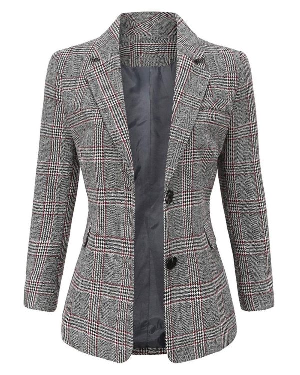 Women's Notch Lapel 2 Button Boyfriend Blazer Suit Houndstooth Plaid Jacket Coat