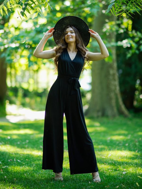 Women's Sleeveless Deep V Neck Ruched Wide Leg Jumpsuit Long Romper Belt with Pockets