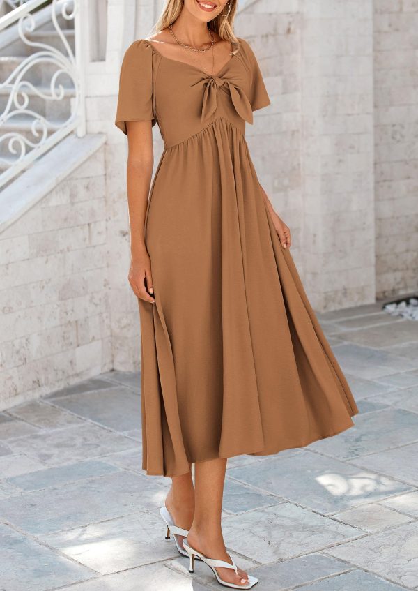 2025 Summer Dress for Women Casual Short Sleeve Bow Tie V Neck Ruffle Midi Flowy Dresses