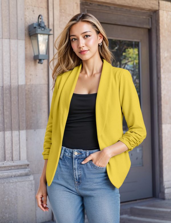 Lightweight Open Front Cardigan Classic Ruched Sleeve Work Office Blazer Suit Jackets