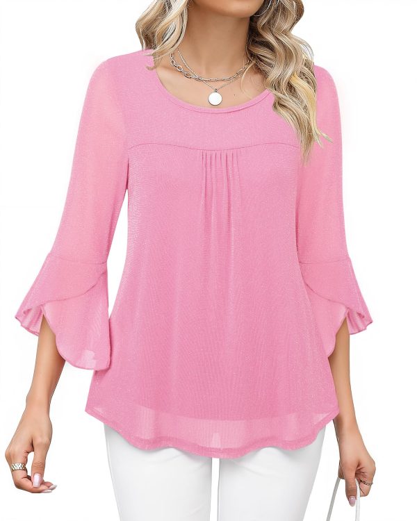 Women's Ruffle 3/4 Sleeve Elegant Dressy Blouses Crew Neck Double Layers Mesh Tunic Tops
