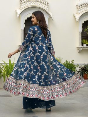 Women's Georgette Embroidery Crop Top with Flared Palazzo and Shrug Set