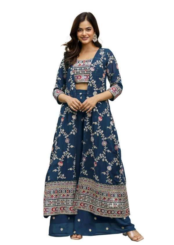 Women's Georgette Embroidery Crop Top with Flared Palazzo and Shrug Set