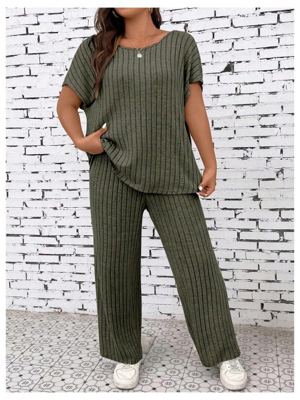 Women's Plus Size Short Sleeve Tee Shirt Wide Leg Pants 2 Piece Tracksuit