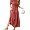 Womens Summer Dresses 2025 Casual Puff Short Sleeve Crewneck Smocked Flowy Ruffle Boho Beach Party Maxi Sundress
