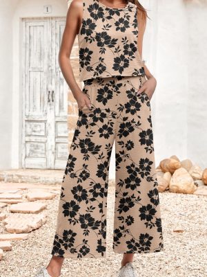 Women's Summer 2 Piece Outfits Set Round neck Sleeveless Tank Crop Top Wide Leg pants Set Pockets Jumpsuits