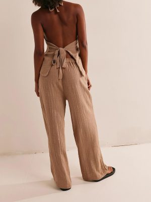 Womens 2 Piece Outfits Button Up Sexy Low Back Halter Vest Wide Leg Pants Cotton Linen Set Casual Dressy Suit Set