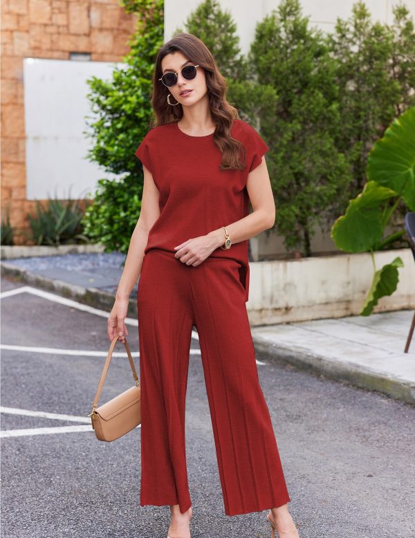 Lounge Sets for Women Two Piece Outfits Knit Cap Sleeve Tops Wide Leg Pleated Pants Casual Dressy Sweater Sets