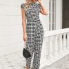 Women's Houndstooth Mock Neck Cap Sleeve Wide Leg Jumpsuit Pants