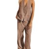 Womens 2 Piece Outfits Button Up Sexy Low Back Halter Vest Wide Leg Pants Cotton Linen Set Casual Dressy Suit Set