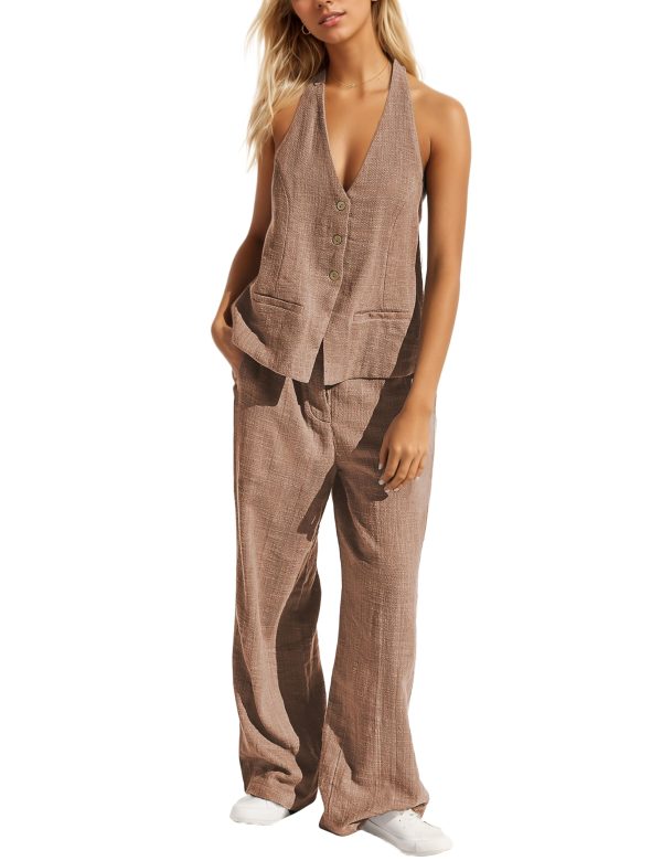 Womens 2 Piece Outfits Button Up Sexy Low Back Halter Vest Wide Leg Pants Cotton Linen Set Casual Dressy Suit Set