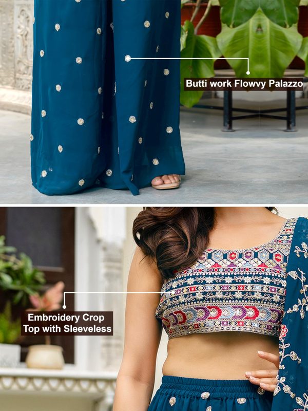 Women's Georgette Embroidery Crop Top with Flared Palazzo and Shrug Set