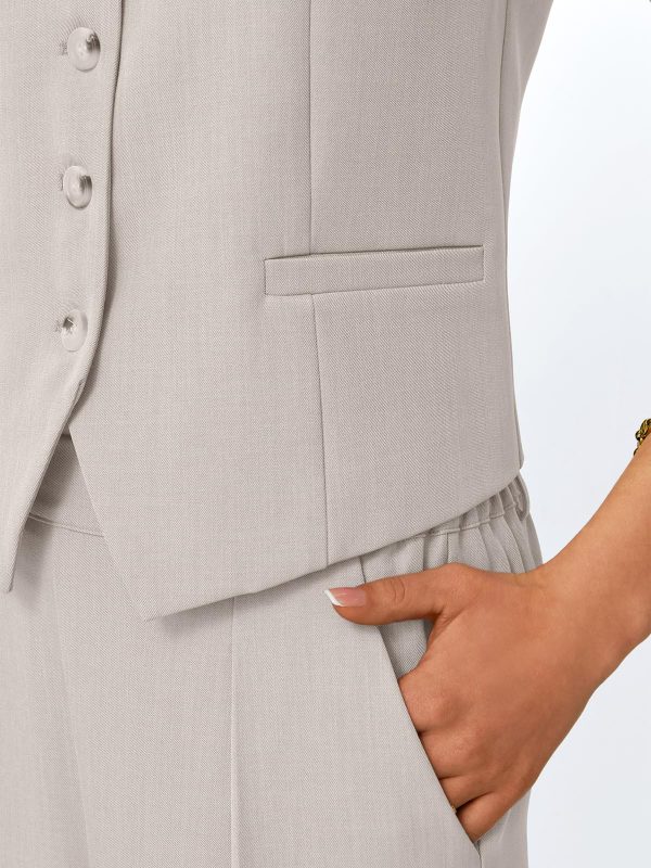 Womens V Neck Twill Tailored Blazer Sleeveless Vest Two 2 Piece Set Wide Leg Pant Suit