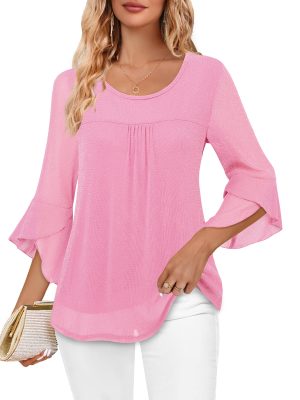 Women's Ruffle 3/4 Sleeve Elegant Dressy Blouses Crew Neck Double Layers Mesh Tunic Tops