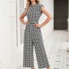 Women's Houndstooth Mock Neck Cap Sleeve Wide Leg Jumpsuit Pants
