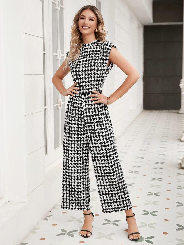 Women's Houndstooth Mock Neck Cap Sleeve Wide Leg Jumpsuit Pants
