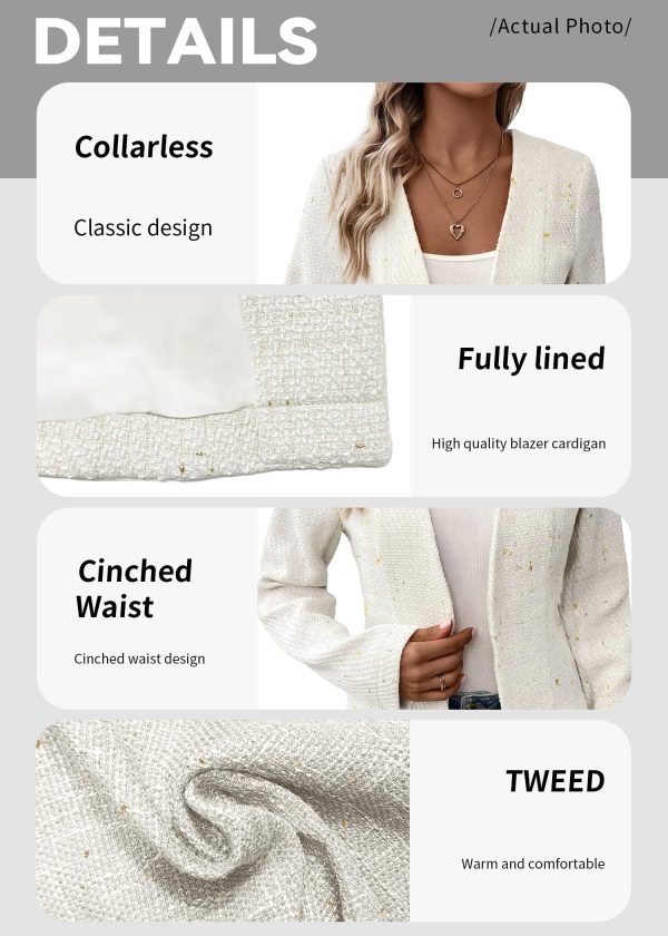 2025 Women's Spring Tweed Blazer Fully-Lined Collarless Open Front Elegant Petite Cute Fashion Casual Work Jacket