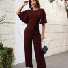 Women Casual Loose Short Sleeve Belted Wide Leg Pant Romper Jumpsuits