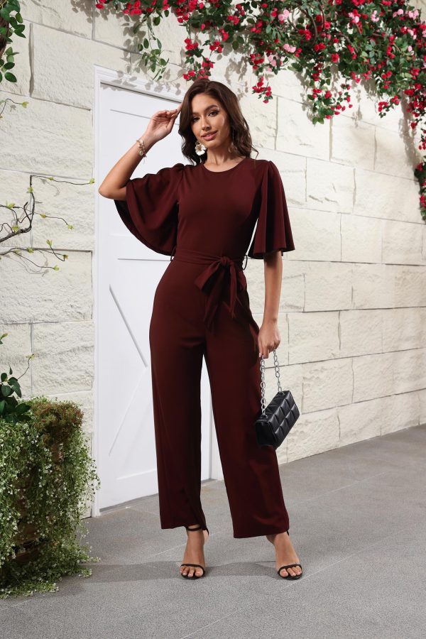 Women Casual Loose Short Sleeve Belted Wide Leg Pant Romper Jumpsuits