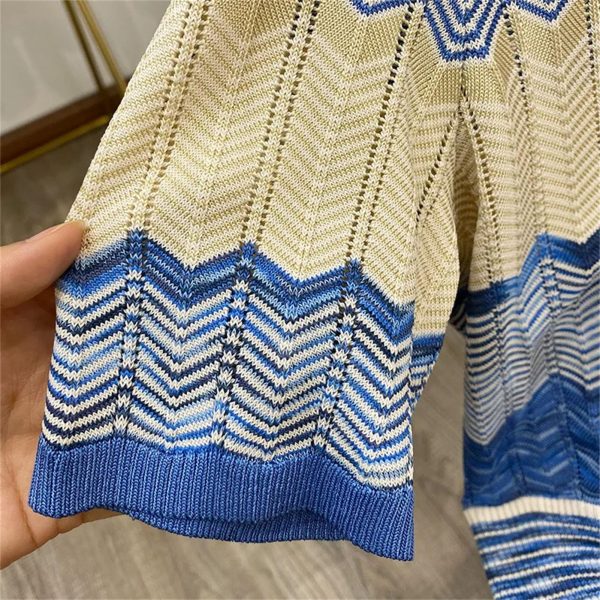 Women's Striped Knit Set - V-Neck Short Sleeve Top & Midi Skirt