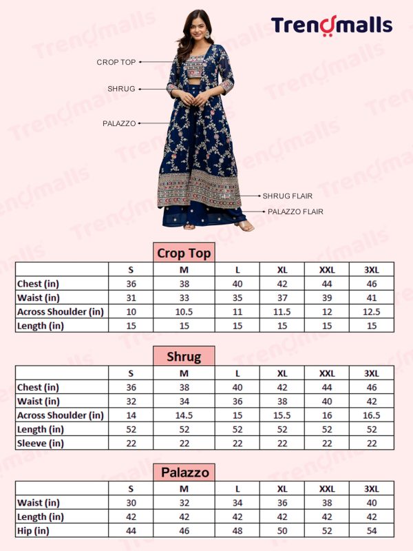 Women's Georgette Embroidery Crop Top with Flared Palazzo and Shrug Set