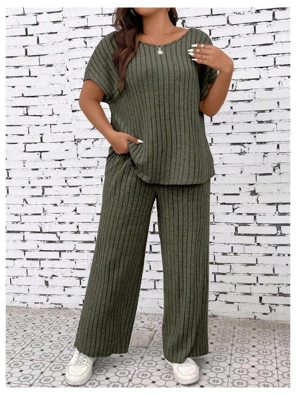 Women's Plus Size Short Sleeve Tee Shirt Wide Leg Pants 2 Piece Tracksuit