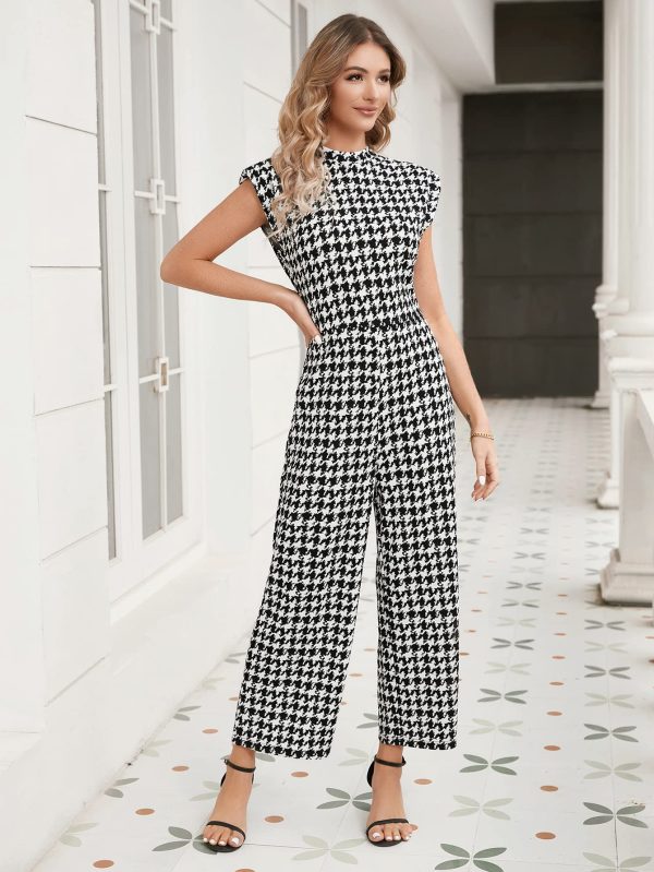 Women's Houndstooth Mock Neck Cap Sleeve Wide Leg Jumpsuit Pants